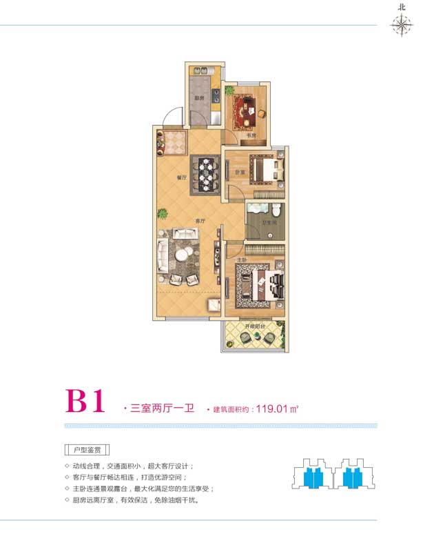 翔宇三江领秀B1户型 三室两厅一卫 119.01㎡